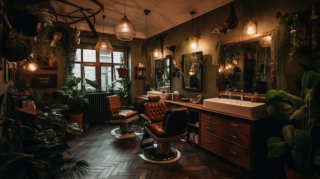 Barbearia com plantas de decoração de atmosfera quente e aconchegante geradas por IA