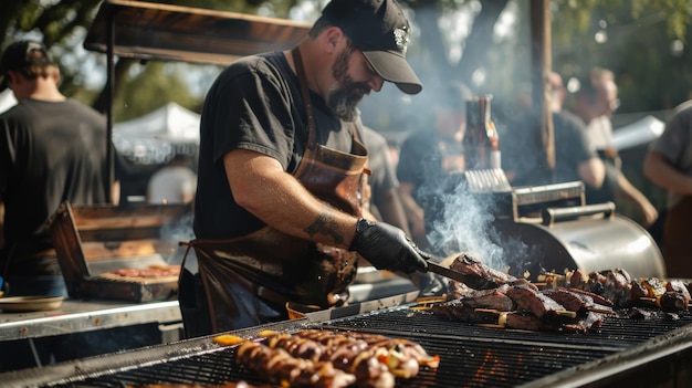 Un barbecue ahumado con chefs asando comida al aire libre