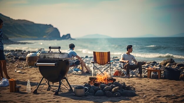 Barbecue am Strand Menschen genießen das Essen am Ufer