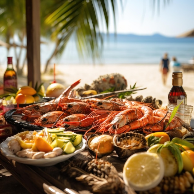 Barbecue am Strand mit einem Tisch voller frischer Meeresfrüchte und tropischer Früchte