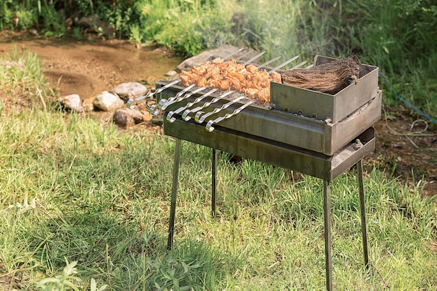 Barbecue auf dem Grill Mariniertes Fleisch am Spieß Schaschlik Rindersteaks auf dem Grill während der Sommerzeit