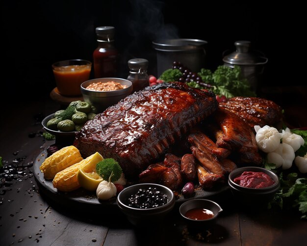 Barbecue BBQ langsames Räuchern von Fleisch mit verschiedenen Saucen, beliebt in den USA und anderen Ländern, erzeugt durch KI