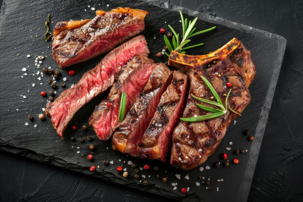 Barbecue gealtertes Wagyu-Porterhouse-Steak geschnitten als Top-View auf einem Schieferbrett Rindfleisch TBone saftiges Steak seltenes Rindfleich mit Gewürzen Hintergrund des Rezepts