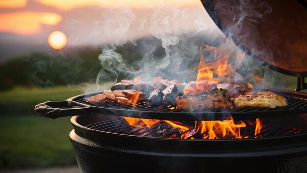 Barbecue-Grill, der professionell auf einem offenen Feuer auf einem Castiron-Gitter gekocht wird