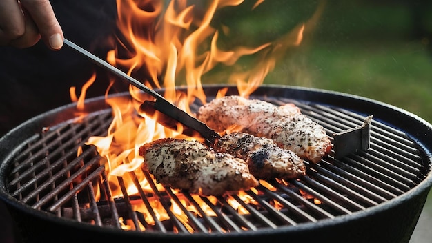 Barbecue-Grill, der professionell auf einem offenen Feuer auf einem Castiron-Gitter gekocht wird