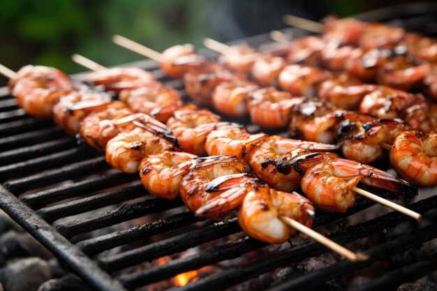 Foto barbecue-grill gefüllt mit aufgespießten garnelen