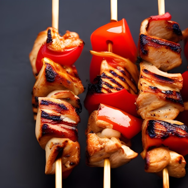 Foto barbecue-hühnchen-kebab mit gemüse aus der nähe grillfleischspieße essen bilder tapeten