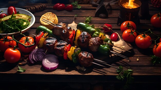 Barbecue en la mesa con verduras decoradas con verduras