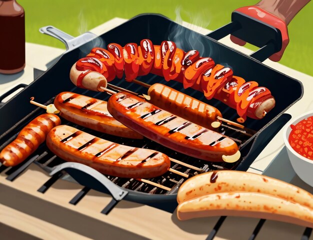 Barbecue mit Würstchen und Hotdogs auf dem Grill