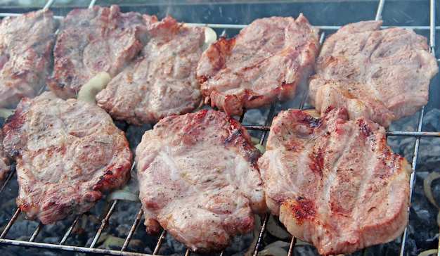 Barbecue-Mittagessen im Freien Prozess des Kochens fleischiger Speisen am Feuer Grillen von Steaks am Feuer Prozess