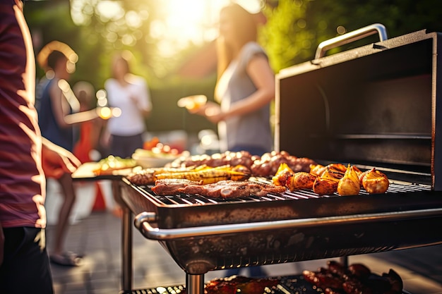 Barbecue Picknick auf verschwommenem Hintergrund Freunde Barbecue Party im Freien gegrilltes Fleisch und Gemüse Closeup Barbecue Grill mit Essen Selektiver Fokus Generative KI Illustration