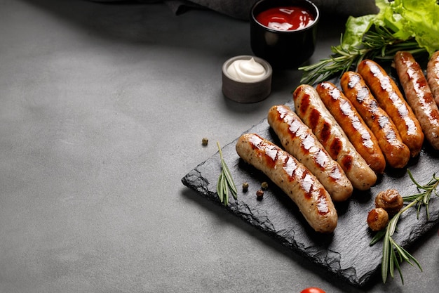 Barbecue-Würstchen auf einem Steinbrett und dunklem Hintergrund Gegrillte Würstchen mit Rosmarin kopieren