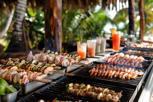 Barbecues en la playa con mariscos frescos y cócteles