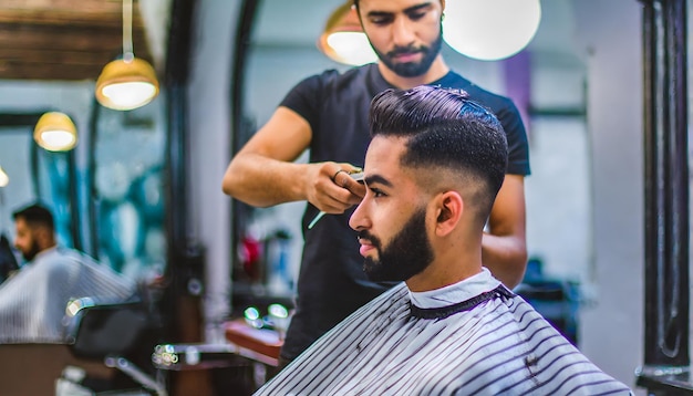 Barbeiro a servir um cliente numa barbearia.