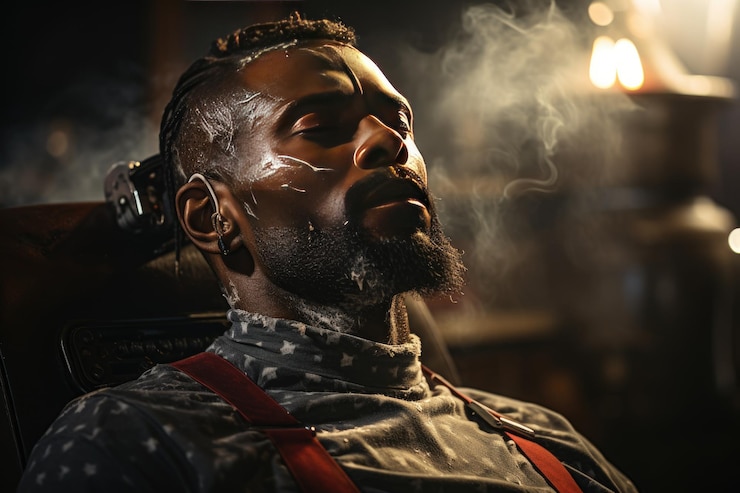 Foto barbeiro atento realiza meticuloso relaxamento facial generativo ia