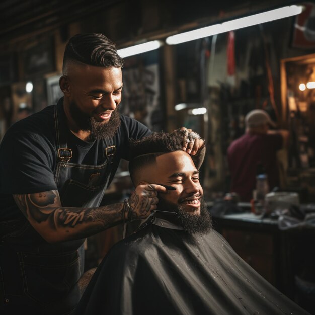 barbeiro cortando o cabelo de um cliente com cortadores elétricos capturando o movimento