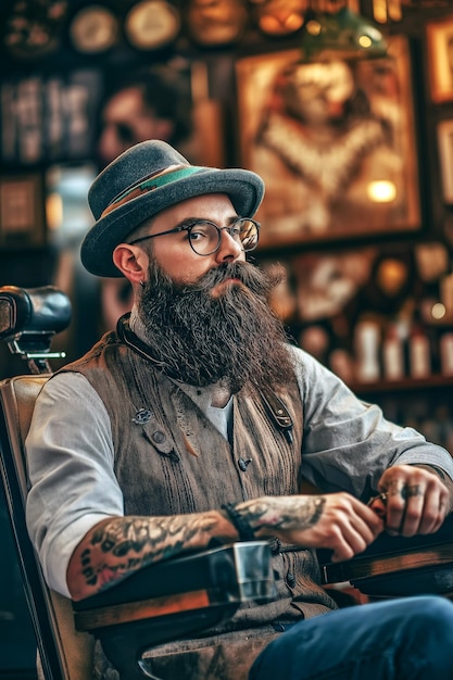 Barbeiro hipster elegante com barba longa, óculos redondos e um chapéu vintage sentado com confiança em uma cadeira de barbeiro clássica em meio a uma loja de temas retro