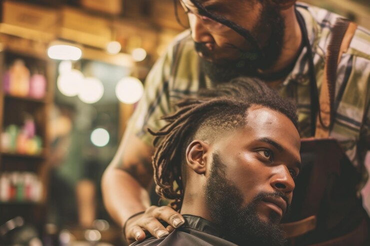 Foto barbeiro multiétnico no trabalho, cabeleireiro adulto, dreadlocks.