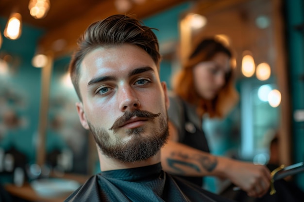 Foto barbeiro trabalha numa barbearia.