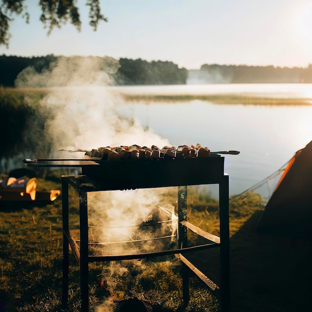 Barbeque no lago Acampamento no verão