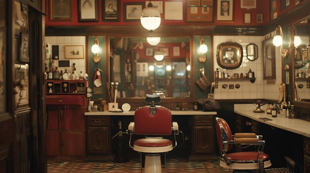 Una barbería vacía con dos sillas de barbería rojas de época las paredes están decoradas con espejos estantes y cuadros el suelo está azulejos