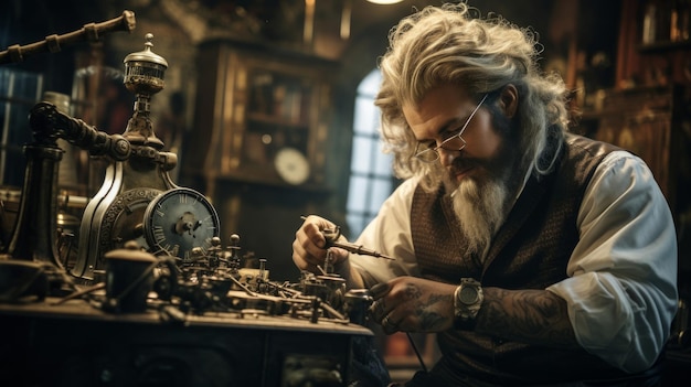 El barbero en la barbería steampunk trabaja en la barba rodeado de artilugios mecánicos