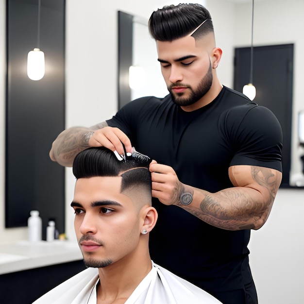 Foto barbero haciendo corte de pelo y peinado