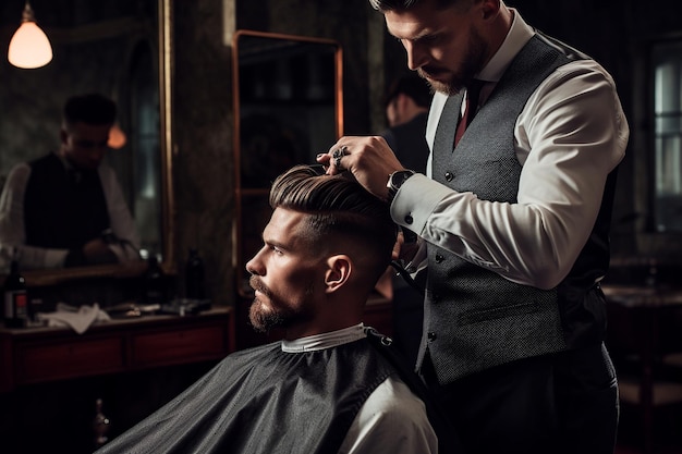 Foto el barbero profesional hace el corte de pelo tradicional de los hombres