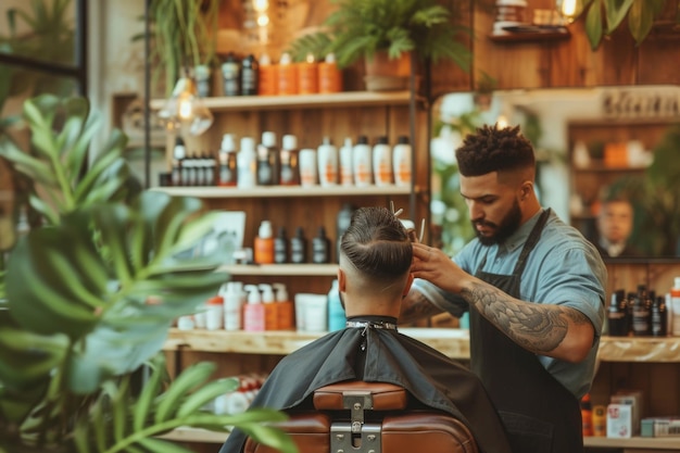 El barbero trabaja en una barbería.