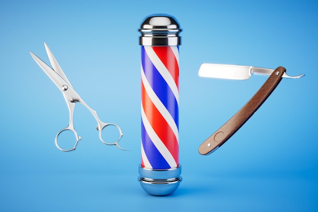 Barbershop-Servicekonzept Barbershop-Emblem Rasiermesser und Haarschnittschere auf blauem Hintergrund 3D