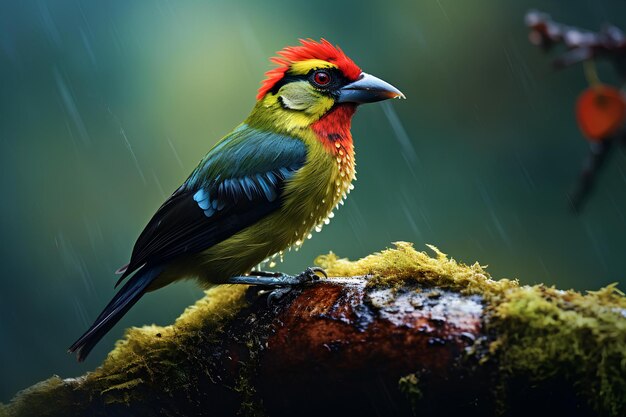 Foto barbet con corona escarlata en el entorno forestal natural