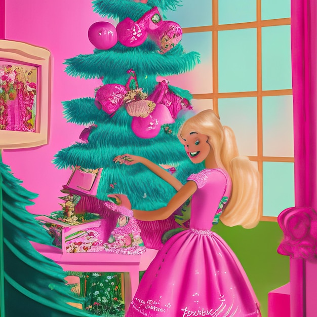 Foto barbi poster styling doll ken rot blau pink poster weihnachten weihnachtsmann neujahr 2024 hintergrund