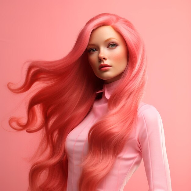 Barbie 3d con cabello rojo, cabello largo y recto de color rosa con un atuendo rosa ultra realista