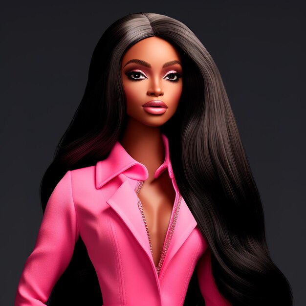 Barbie 3d con el pelo rojo largo y recto con un traje rosa ultra realista