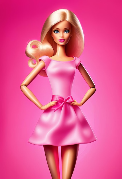 Foto barbie bastante rubia con un vestido rosa sobre un fondo rosa