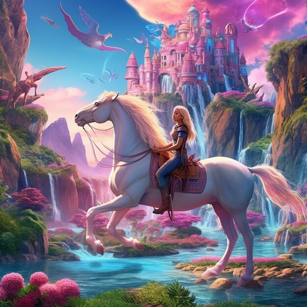 Foto barbie begibt sich auf ein fantasy-abenteuer in einer faszinierenden illustration