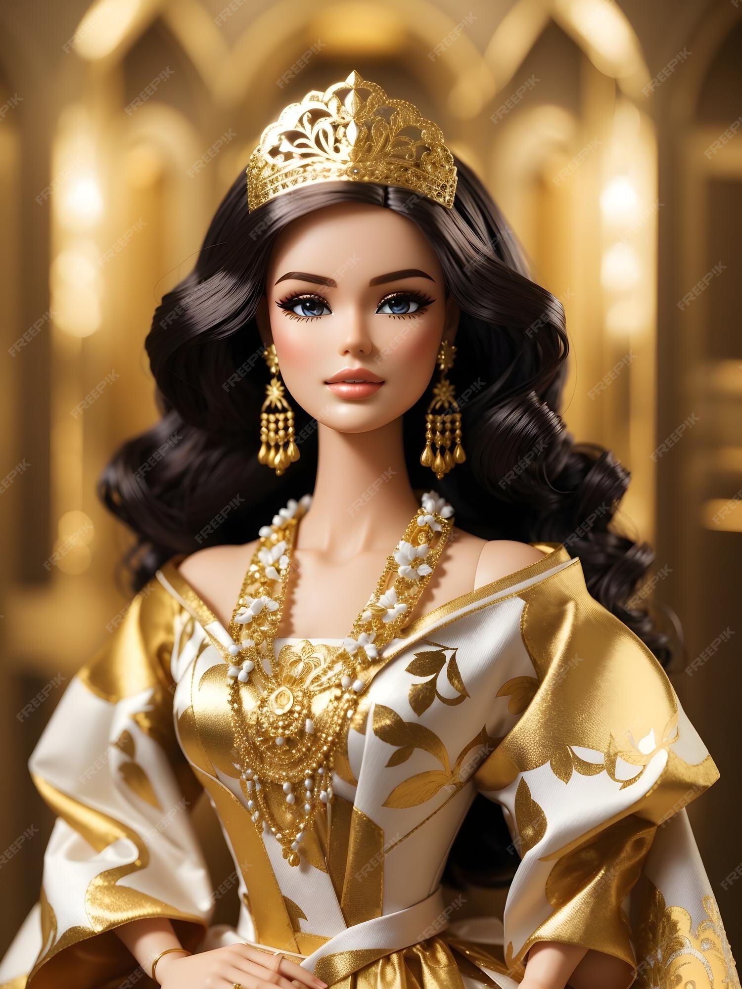 Barbie beleza elegante em ouro e roupas tradicionais geradas por ia