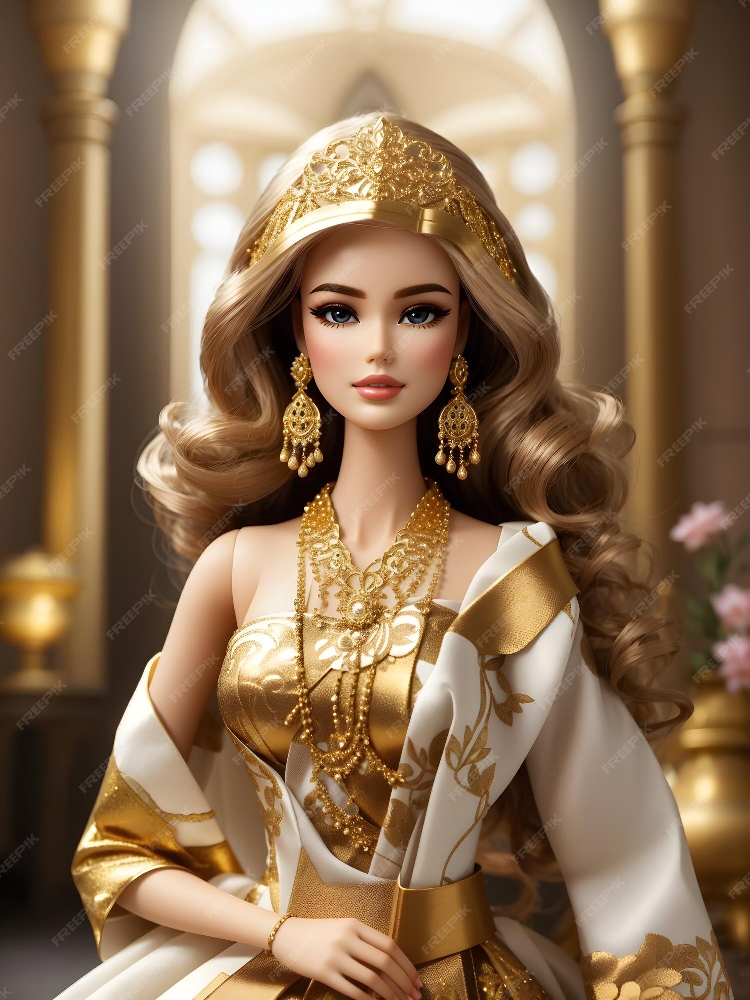 Barbie beleza elegante em ouro e roupas tradicionais geradas por ia