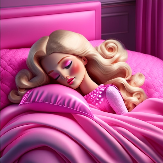 Barbie boneca rosa dormindo na cama