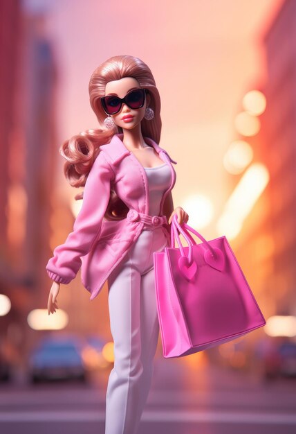 Barbie boneca shopaholic em roupa de moda segurando um fundo de pacote de compras rosa com uma cidade