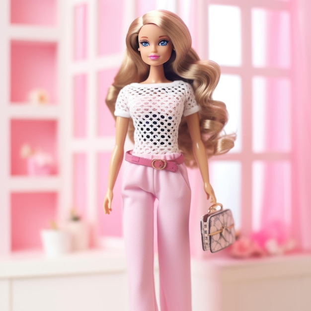 Barbie en camiseta con adornos de ganchillo con pantalones anchos y bailarinas AI generativa