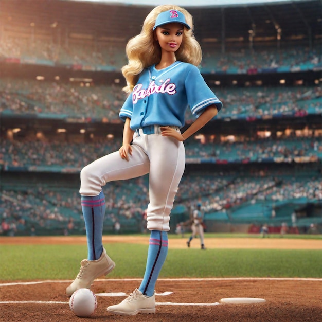 Barbie con una colorida camiseta de béisbol en un estadio