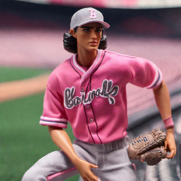 Barbie con una colorida camiseta de béisbol en un estadio
