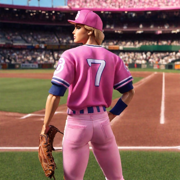 Barbie con una colorida camiseta de béisbol en un estadio