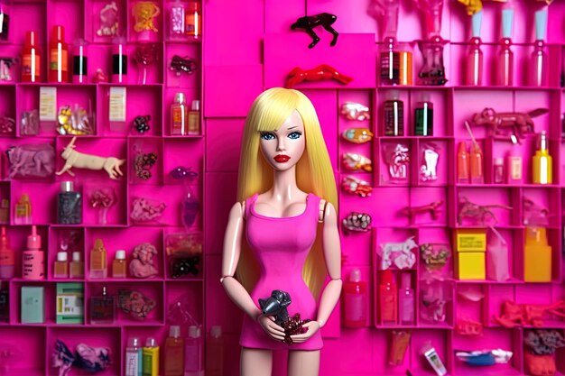 Barbie com a roupa rosa de perto