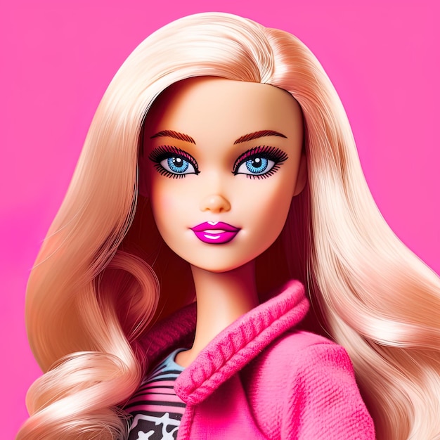 Barbie com a roupa rosa de perto