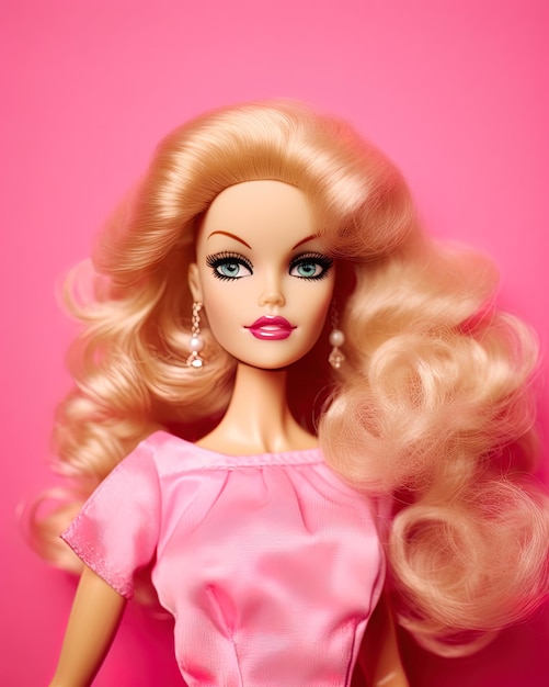 Barbie com a roupa rosa fundo rosa de perto