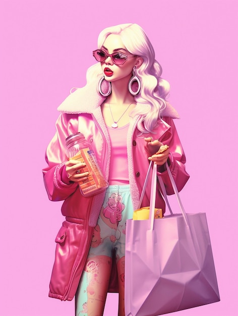 Barbie com sacos de compras em vestido rosa em fundo rosa