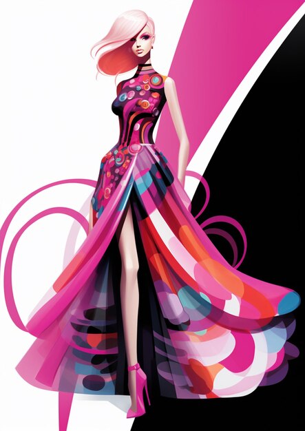 Foto barbie desfilando na passarela durante um desfile de alta moda vestindo uma roupa única e vanguardista