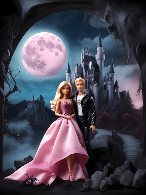 Barbie e Ken Imagem assustadora com uma paisagem assustadora e maligna com um castelo e uma grande lua ao fundo